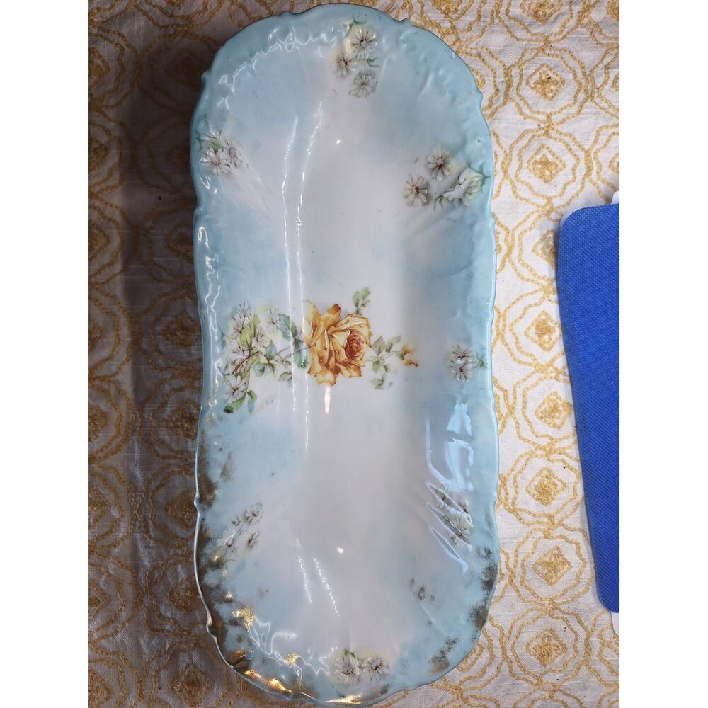 Porcelain Celery Dish Yellow Rose Decor- Bridgerton Style Dish- Antique Decor